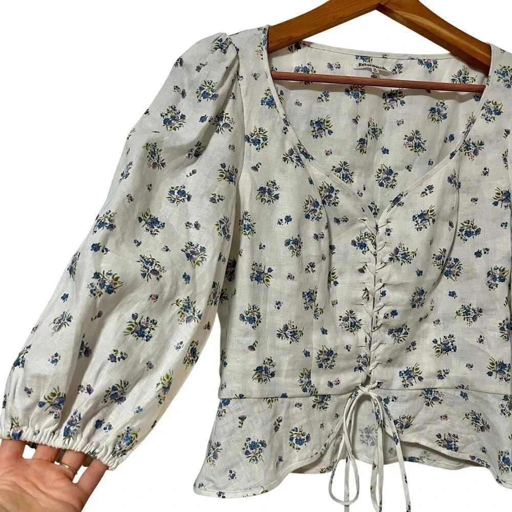 Reformation Barrett‎ Ditsy Floral Linen Lace Up Top Size 12 Puff Sleeve Cottage